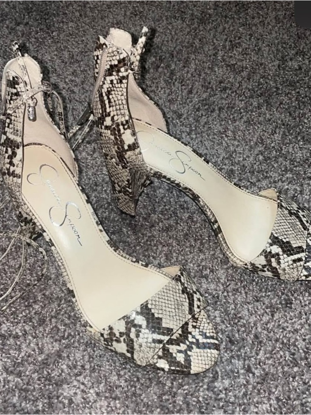 Jessica Simpson Snakeskin Ankle-Tie Block Heel Sandals - Beige/Black